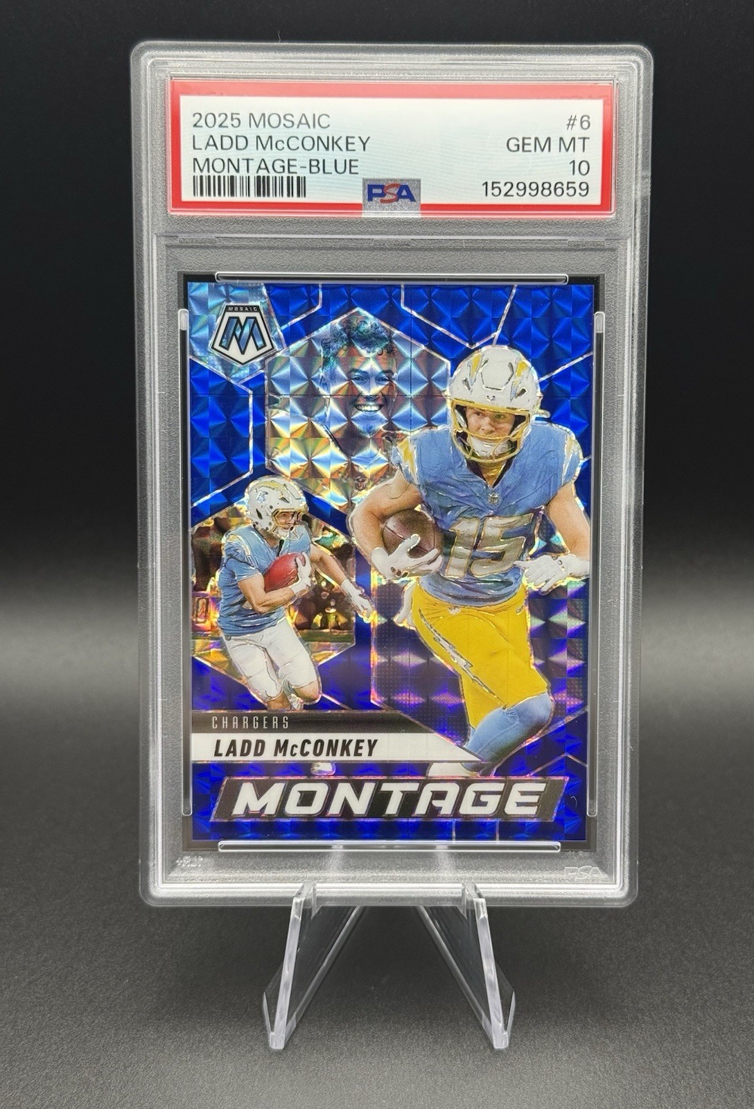 2025 Panini Mosaic Ladd McConkey #6 Montage Blue /99 PSA10 - Pop 1