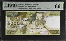 Portugal Banco de Portugal 5000 Escudos 1993 P 184f UNC PMG 66 EPQ 3rd TOP POP