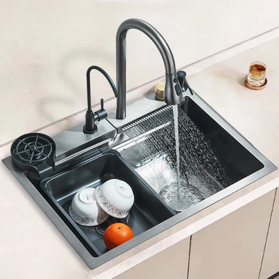 304 Stainless Steel Kitchen Sink 60x45cm Rainfall Faucet Cup Washer Single Bowl