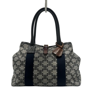 Auth CELINE Macadam - Gray Navy Dark Brown Jacquard Leather Tote Bag