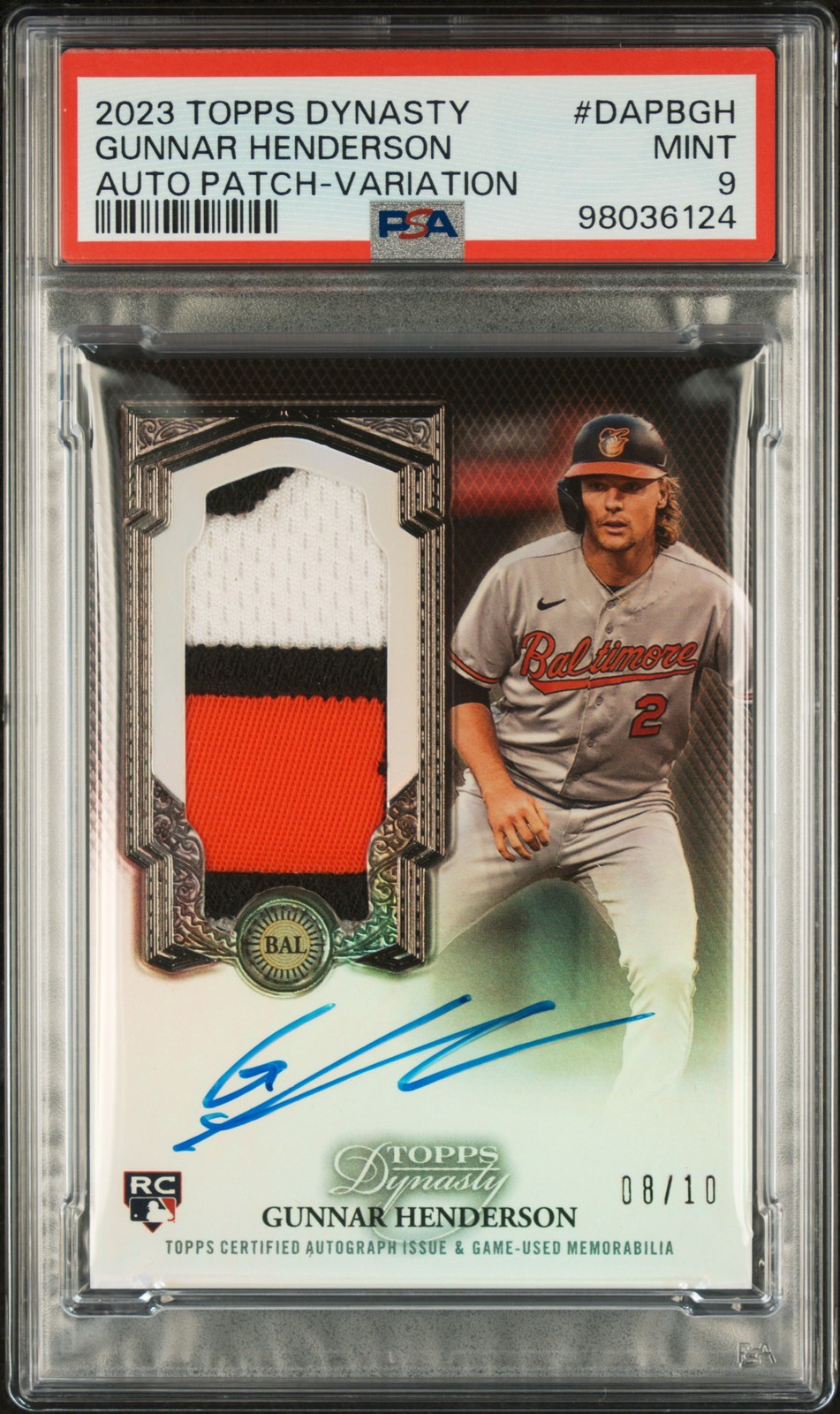 2023 TOPPS DYNASTY AUTOGRAPHED PATCH VARIATION GUNNAR HENDERSON 8/10 PSA 9 view 1