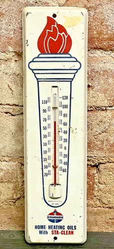 VINTAGE 11" STANDARD OIL AMACO GAS STATION METAL THERM SIGN FLAME LOGO