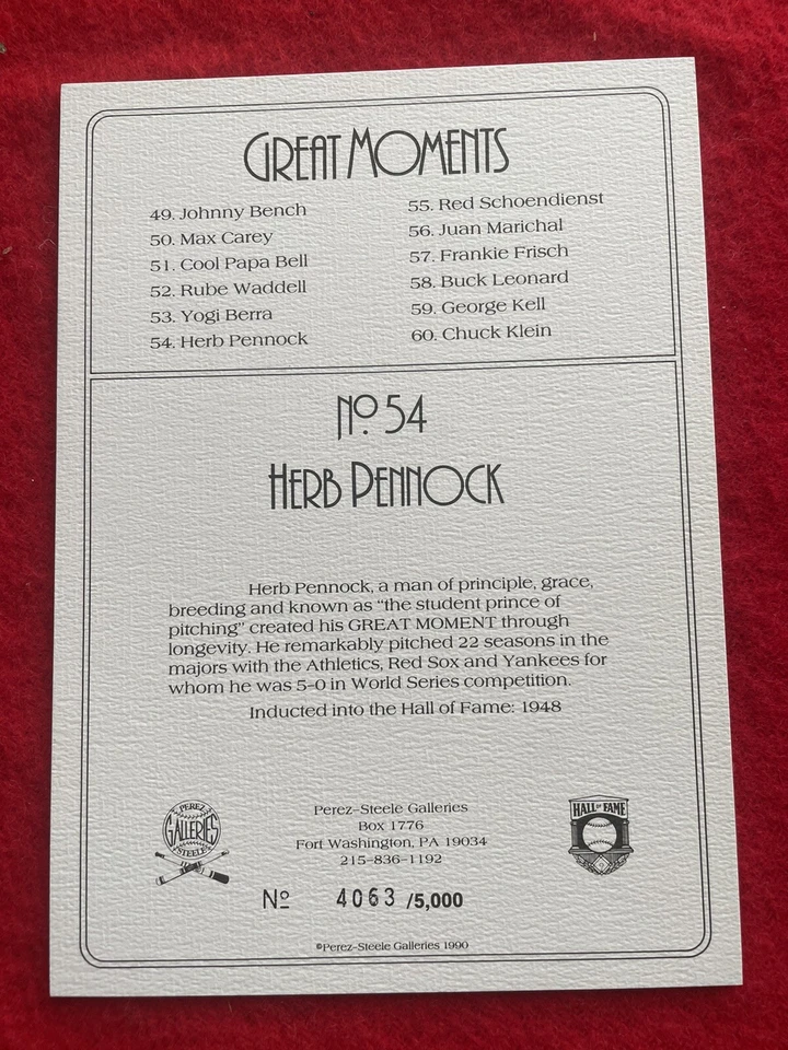 1985-97 Perez-Steele Great Moments  Herb Pennock #4063/5000 HOF Excellent - Image 2 of 2