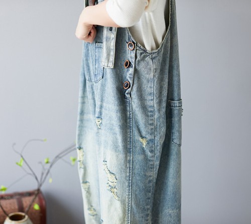 Casual Womens Wide Leg Ripped Jumpsuits Denim Loose Pants Rompers Jeans Trousers - Afbeelding 8 van 9
