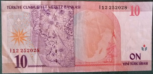 TURKEY 10 YENI / NEW / LIRA NOTE, P 218, issued 2005 , PIRI REIS MAP - Picture 2 of 2
