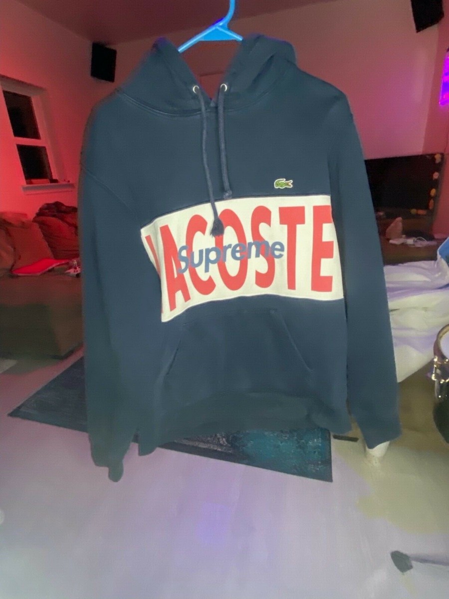FW19' Supreme x Lacoste Logo Panel Hooded Sweatshirt Navy, Size M