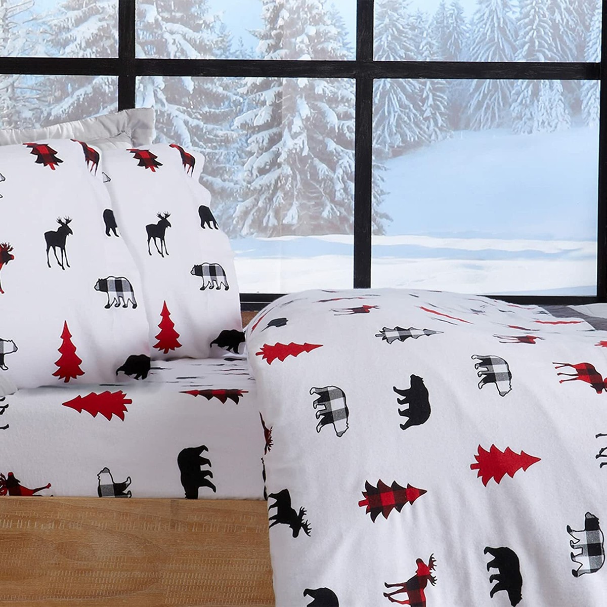 Red Black Plaid Bear Moose 4pc Cotton Flannel Sheet Set Twin Full