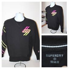 Mens SUPERDRY Crewneck Pullover Sweatshirt Neon Stripes Cotton Size L Slim Fit