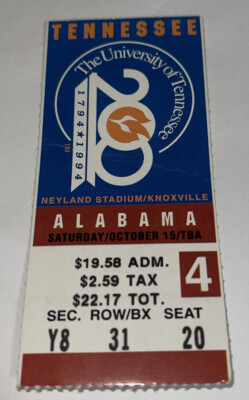 Tennessee Football Vs Alabama game Day ticket Stub. 1994. | eBay