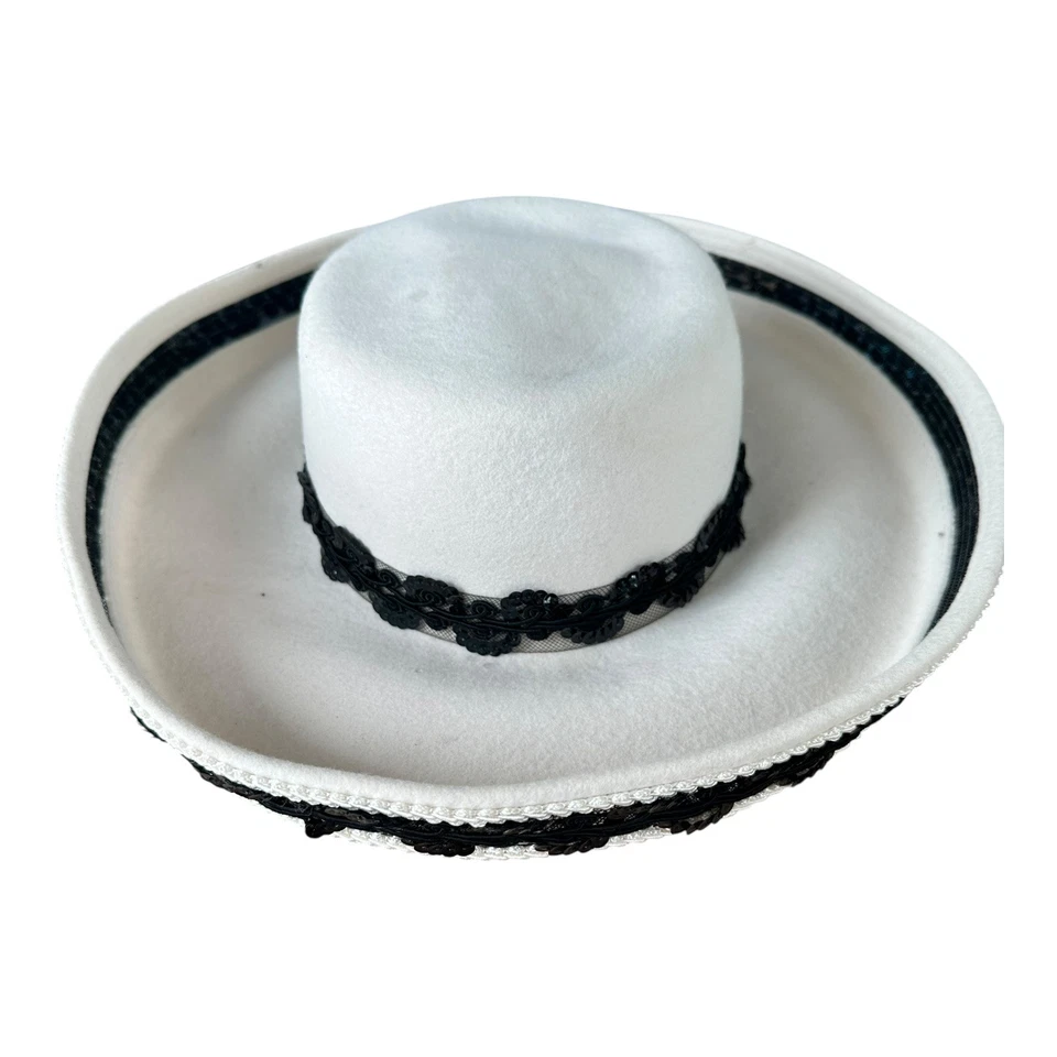 VTG 80s Deborah NY Black Cream 100% Wool Hat Sequin Bow Derby Church Glam - Image 4 of 4