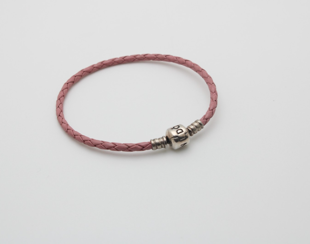 Pandora 925 Sterling Silver Moments Pink Leather Braided Bracelet