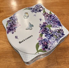 See’s Candies Empty Tin Box Purple Flowers Floral Lid Used