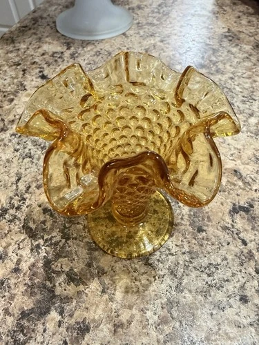 small 4" FENTON glass amber hobnail ruffled bud vase