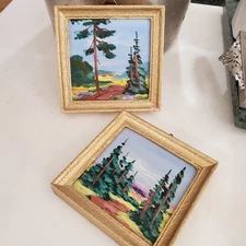 2 Mini Original Paintings Gilded Frames Landscapes 4" x 4" Set of 2- Matched Set
