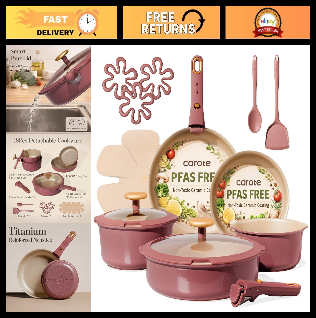 18Pcs Nonstick Cookware Set, Titanium Pots & Pans, Induction & Oven Safe, Red