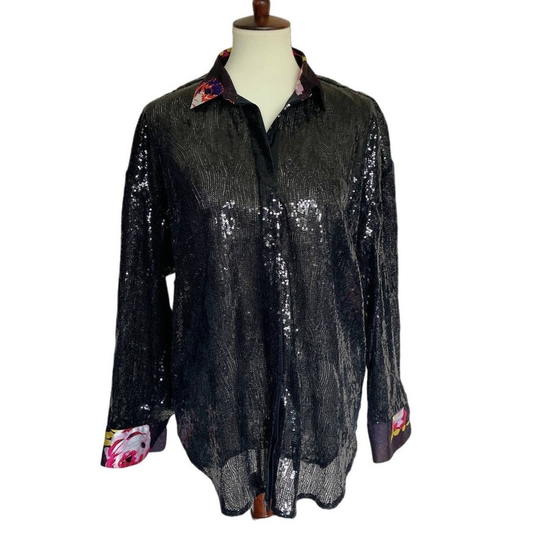MSGM Sequin Black Button Down Blouse Size 42 US 8 - image 1