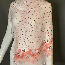 Pretty Vintage Valentine Heart Florals silky Poly Scarf Huge 18 x 64 Good Cond