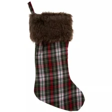 OLIVE GREEN PLAID CHRISTMAS STOCKING BROWN FAUX FUR CUFF 20" LINED Hobby Lobby