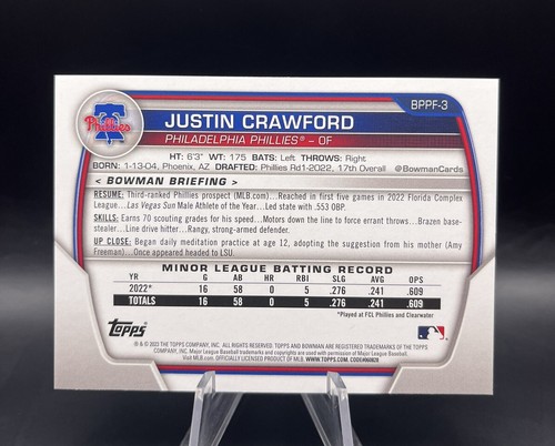 2023 Bowman Baseball 1st Edition Justin Crawford BPPF-3 Phillies - Picture 2 of 2