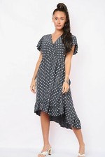 REDUCED TO CLEAR - LIGHT  LAGENLOOK HOLIDAY  POLKA DOT FRILL DIP HEM DRESS
