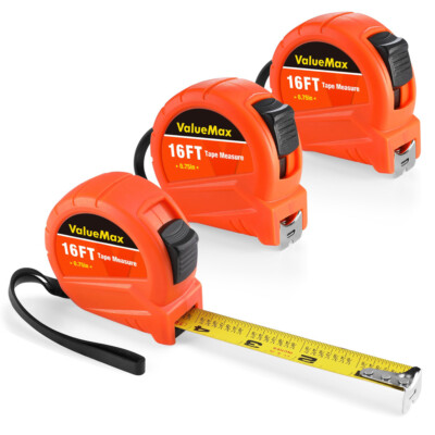 ValueMax 3PACK Retractable Tape Measure 16FT Measurement Tape w/Fractions 1/8 US