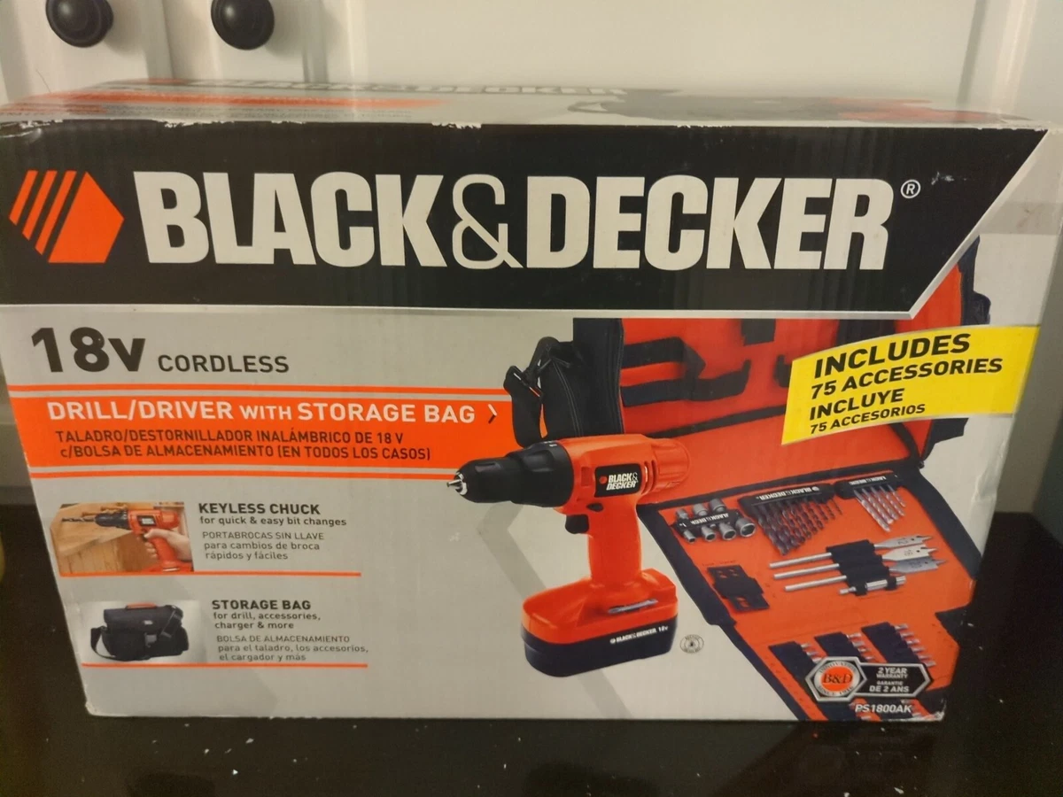 Black & Decker 18V Cordless Drill/Driver with Storage Bag & 75 Accessories  New