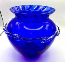 Hand Blown Art Glass Vase with Applied Cobalt Blue Handles & Mottled Spots — listing 5