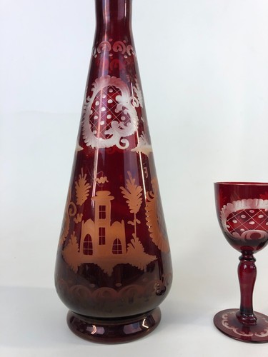 Ruby Red Crystal Cut To Clear Czech Bohemian Decanter 2 Glasses - Picture 4 of 14