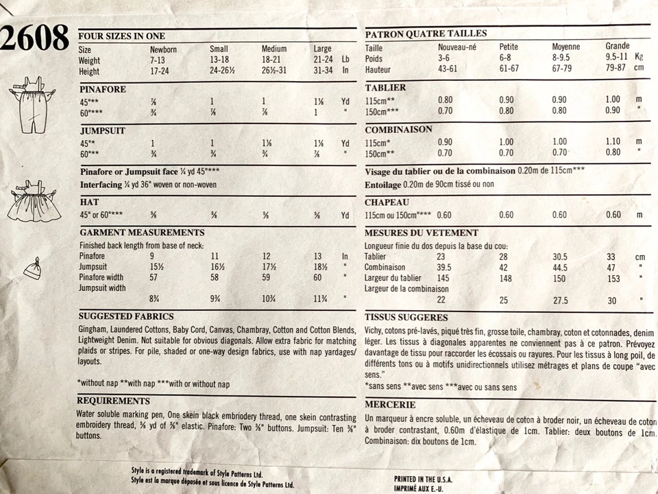 STYLE Vintage 1970s Pattern 2608 -Baby Jumpsuit Pinafore & Hat Uncut Sz NB S M L - Image 2 of 2