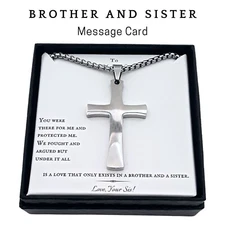 For Brother - 316L Stainless Steel Silver Cross Necklace - Message Card