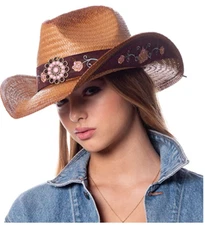 Cowgirl Hat Pink Flower Straw Vintage Leather Western Concert Women's Cowboy Hat