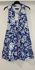 ZARA BLUE WHITE COTTON CUTWORK EMBROIDERY JOHNNY COLLAR SLEEVELESS DRESS SIZE L