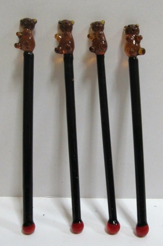 4 Stück Bear Winnie Bleikristall Glas Cocktail Sticks Stix Getränk Rührstäbchen - Bild 4 von 4