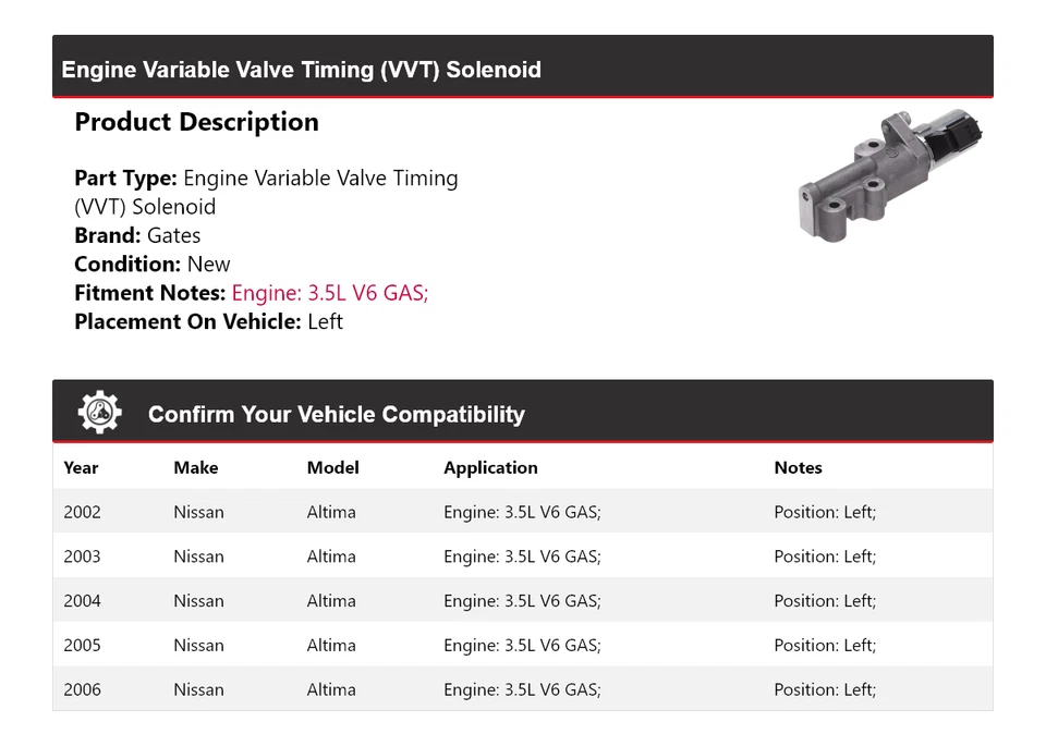 Para Nissan Altima 2002-2006 3,5 L V6 motor de gas VVT solenoide puertas izquierdas 2003 2004 Foto 2 de 4