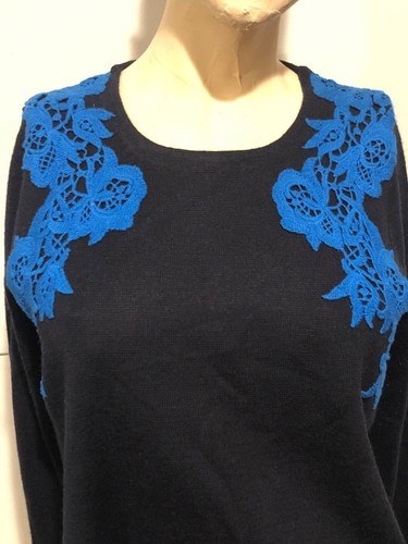 $129 J CREW Navy Blue/Blue Crochet Lace Appliques Pullover Merino Wool Sweater M - Picture 7 of 8