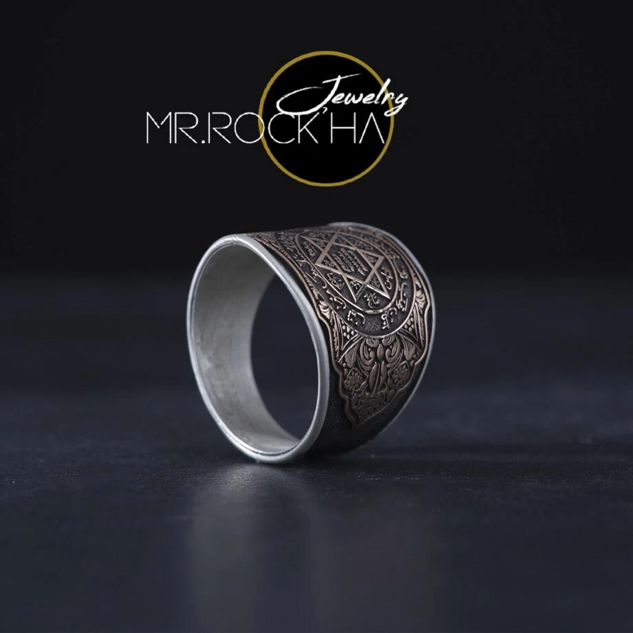 Seal of Solomon,Bronze Ring on Top,Engraving Art,925 Silver Men Pinky Band Ring - Image 2 of 4