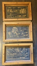 Set of 3 Hand Made Etched Wooden Folk Art Framed and Signed Americana