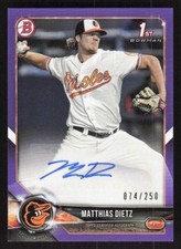 2018 BOWMAN MATTHIAS DIETZ PA-MD MINT 1ST RC AUTOGRAPHS PURPLE BALTIMORE ORIOLES
