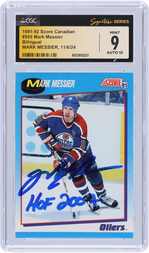 Mark Messier Oilers Signed 1991-92 Score Canadian #505 CGC 9/10 Card w/Insc