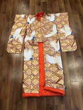 Japanese Kimono Gold Geometric Pattern White Crane Motif Orange Lining