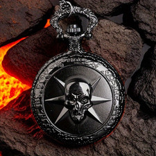 BLACK SKULL Quartz Pocket Watch with Chain Pendent Pirate Gasparilla