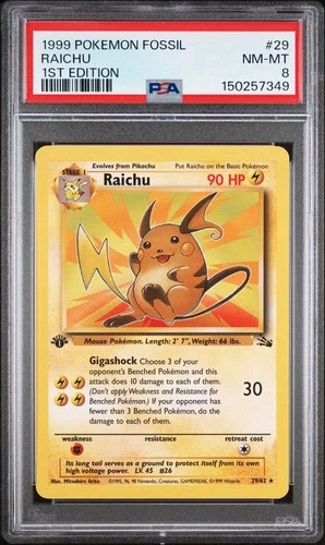 1999 Pokemon Fossil 1st Edition Raichu #29/62 PSA 8 NM-MT
