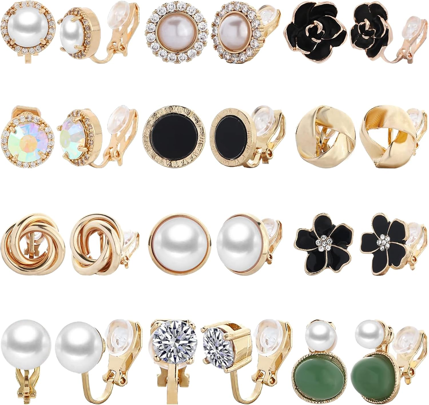 12 Pairs Clip-On Earrings for Women Cute Crystal Pearl Non-Piercing Studs