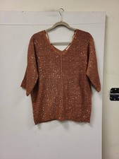 WD.NY Women XL Top Bronze Sequin Knit 3/4 Sleeve V-Neck Blouse Pullover