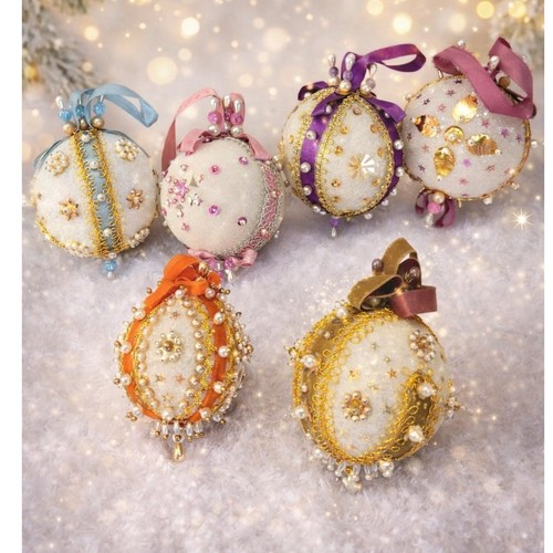 Vtg 90's Victorian Christmas Ornaments Lot of 6 Handmade Beaded Pearl Sequin