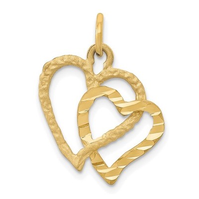 14K Yellow Gold Polished and Textured Double Heart Charm Pendant