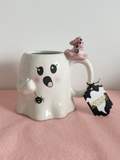 Halloween Ghost With Pink Hat Spider Ceramic Mug 4 1/4 in x 4 1/8 in Pastel