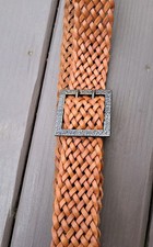 Women's Genuine Leather Brown Woven Braided Square Bronze Buckle Belt Size S 38"