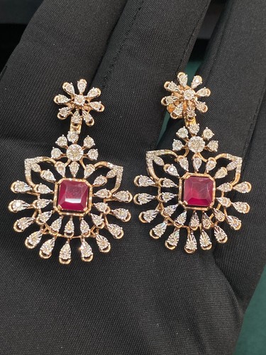 Certified 14Karat Rose Gold 4.55 Cts Round Natural Diamonds Ruby Dangle Earrings - Picture 2 of 9