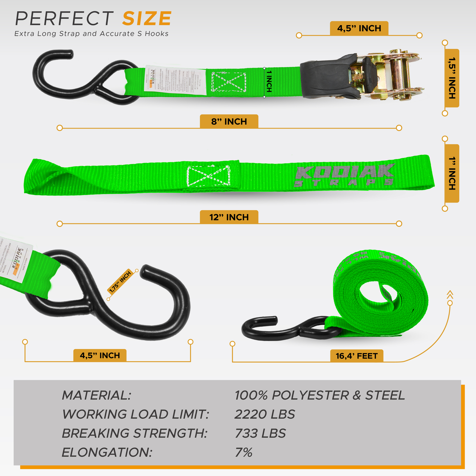 4-Pack Ratchet Tie Down Straps 1in x 17ft Green- 2200lbs MBS - KODIAK STRAPS
